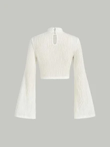 SHEIN MOD Áo thun nữ Nút Gân đan màu trơn Giải trí - Màu be - Xem 6