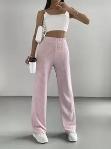 SHEIN EZwear 夏日粉色格紋高腰褲