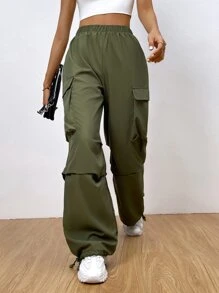Muchica Flap Pocket Drawstring Hem Cargo Trousers - Army Green - View 3