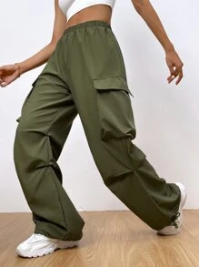 Muchica Flap Pocket Drawstring Hem Cargo Trousers - Army Green - View 5