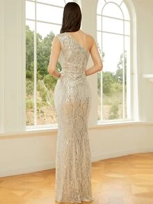Missord One Shoulder Split Thigh Sequin Formal Dress - Gold - View 2