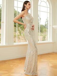 Missord One Shoulder Split Thigh Sequin Formal Dress - Gold - View 7