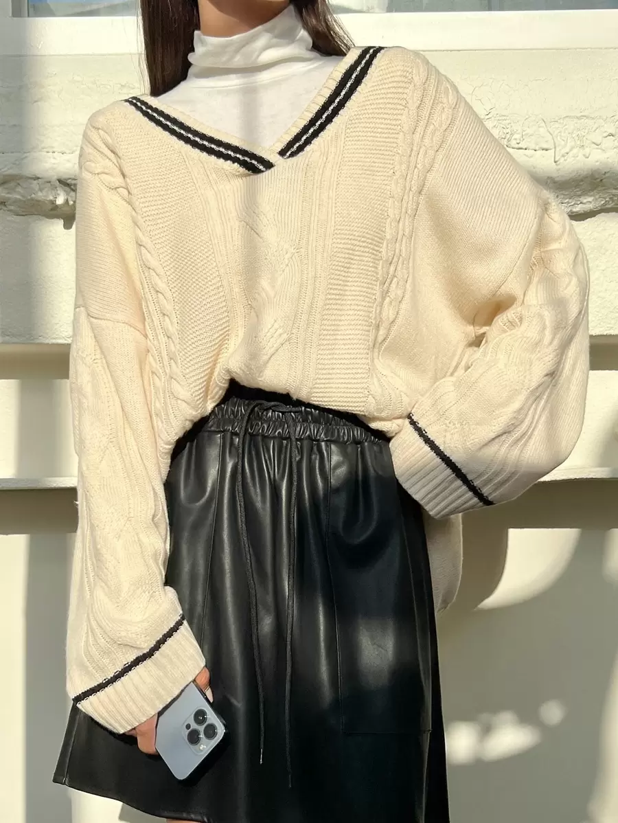 DAZY Striped Trim Drop Shoulder Cable Knit Jumper Without Tee - Beige - View 1