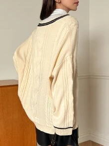 DAZY Striped Trim Drop Shoulder Cable Knit Jumper Without Tee - Beige - View 2