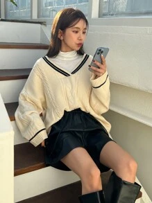 DAZY Striped Trim Drop Shoulder Cable Knit Jumper Without Tee - Beige - View 4