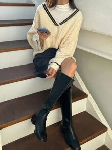 DAZY Striped Trim Drop Shoulder Cable Knit Jumper Without Tee - Beige - View 8