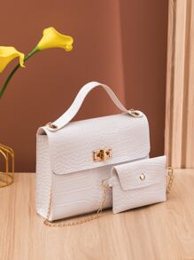 2 chiếc túi vuông khóa xoắn dập nổi họa tiết cá sấu có túi nhỏ., Túi xách nữ Mommy And Me, Ý tưởng quà tặng Ngày của Mẹ tuyệt vời nhất Bộ cặp đi học, Sức chứa lớn, Di động, Thường ngày công sở, Thích hợp cho nữ sinh trung học, Hoàn hảo cho ngày tựu trường, Cao đẳng, Trung học cơ sở, Trung học phổ thông, Công sở, Kinh doanh, Đi làm - trắng - Xem 2