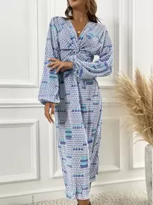 Allover Print Twist Front Lantern Sleeve Dress - Multicolor - View 1