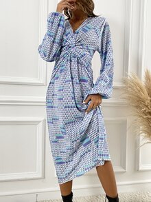 Allover Print Twist Front Lantern Sleeve Dress - Multicolor - View 3