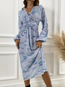 Allover Print Twist Front Lantern Sleeve Dress - Multicolor - View 4