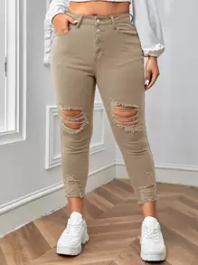 SHEIN Essnce 大碼紐扣門襟破洞毛邊緣緊身牛仔褲 - 卡其色 - 查看 1