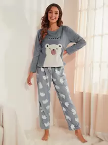 Bear & Letter Embroidered Flannel PJ Set / Fluffy Pajama Set, Fall Winter Clothes, Cozy - Grey - View 4