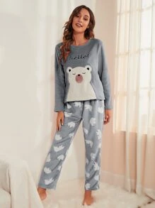 Bear & Letter Embroidered Flannel PJ Set / Fluffy Pajama Set, Fall Winter Clothes, Cozy - Grey - View 5
