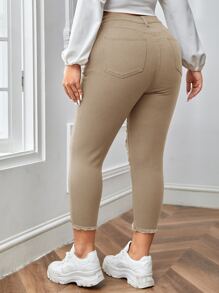 SHEIN Essnce 大碼紐扣門襟破洞毛邊緣緊身牛仔褲 - 卡其色 - 查看 2