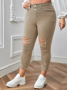 SHEIN Essnce 大碼紐扣門襟破洞毛邊緣緊身牛仔褲 - 卡其色 - 查看 5