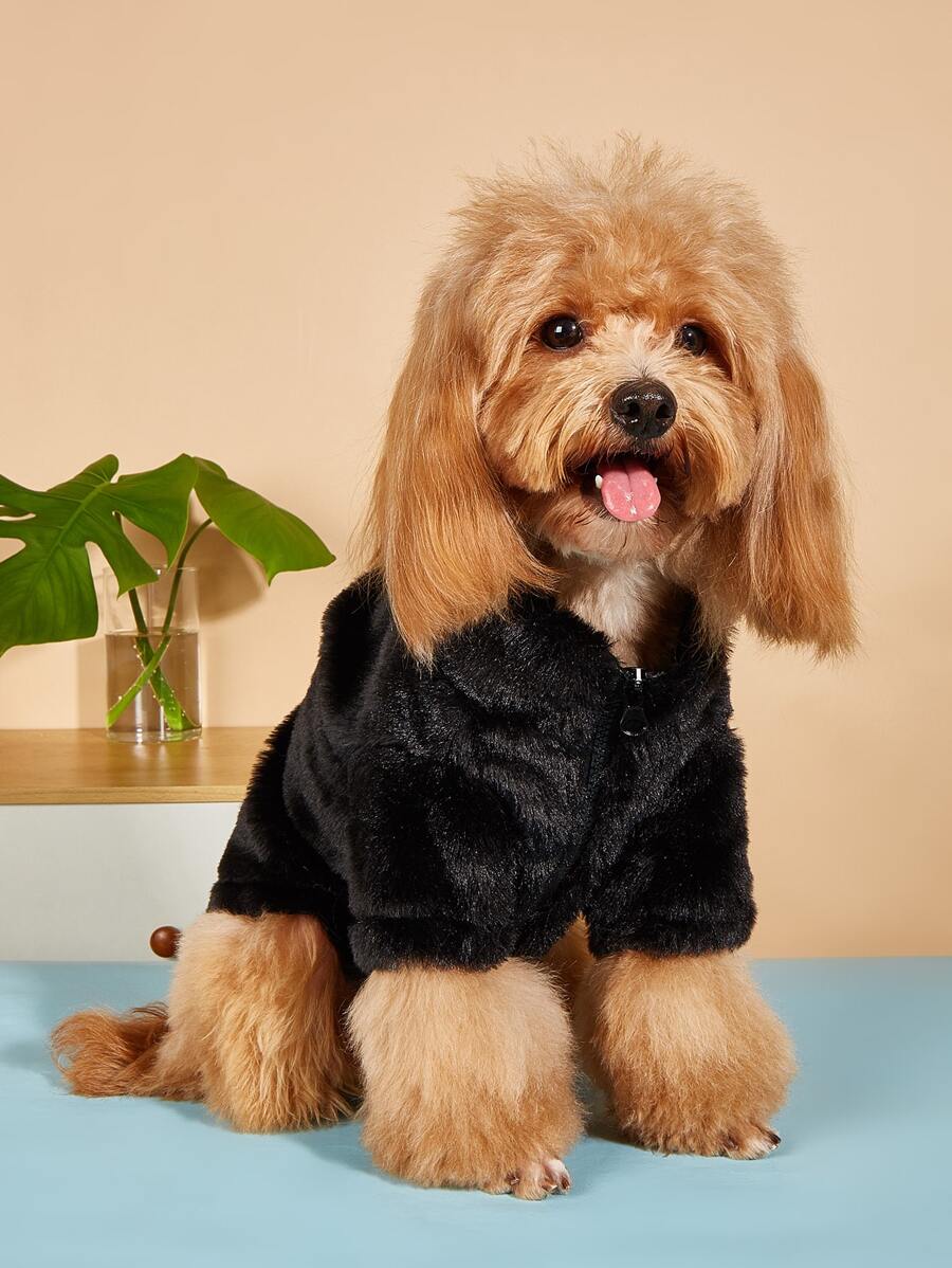 1pc Plush Pet Coat - Black - View 1
