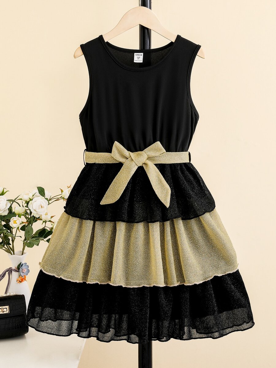 Girls Colourblock Contrast Mesh Hem Belted Party Dress - Black - View 1