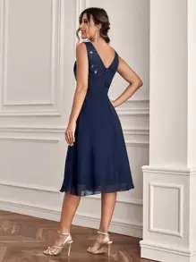 SHEIN Belle Contrast Sequin Mesh Insert Chiffon Dress Elegant Prom Semi Formal Wedding Guest Dress, For Birthday, Graduation, Homecoming - Navy Blue - View 2