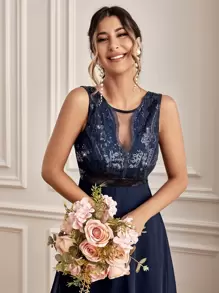 SHEIN Belle Contrast Sequin Mesh Insert Chiffon Dress Elegant Prom Semi Formal Wedding Guest Dress, For Birthday, Graduation, Homecoming - Navy Blue - View 4