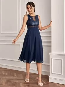 SHEIN Belle Contrast Sequin Mesh Insert Chiffon Dress Elegant Prom Semi Formal Wedding Guest Dress, For Birthday, Graduation, Homecoming - Navy Blue - View 5