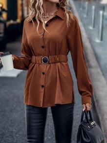 LanaWest Camisa casual de mujer de un solo pecho con cinturón, de unicolor, de manga larga y hombros caídos - Óxido marrón - Ver 5