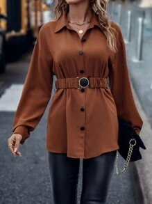 LanaWest Camisa casual de mujer de un solo pecho con cinturón, de unicolor, de manga larga y hombros caídos - Óxido marrón - Ver 6