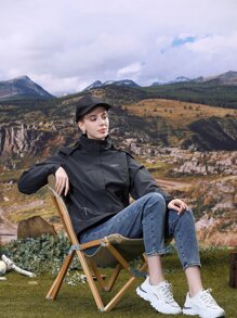 Graphic Print Zip Up Hooded Windbreaker Jacket - Black - View 1