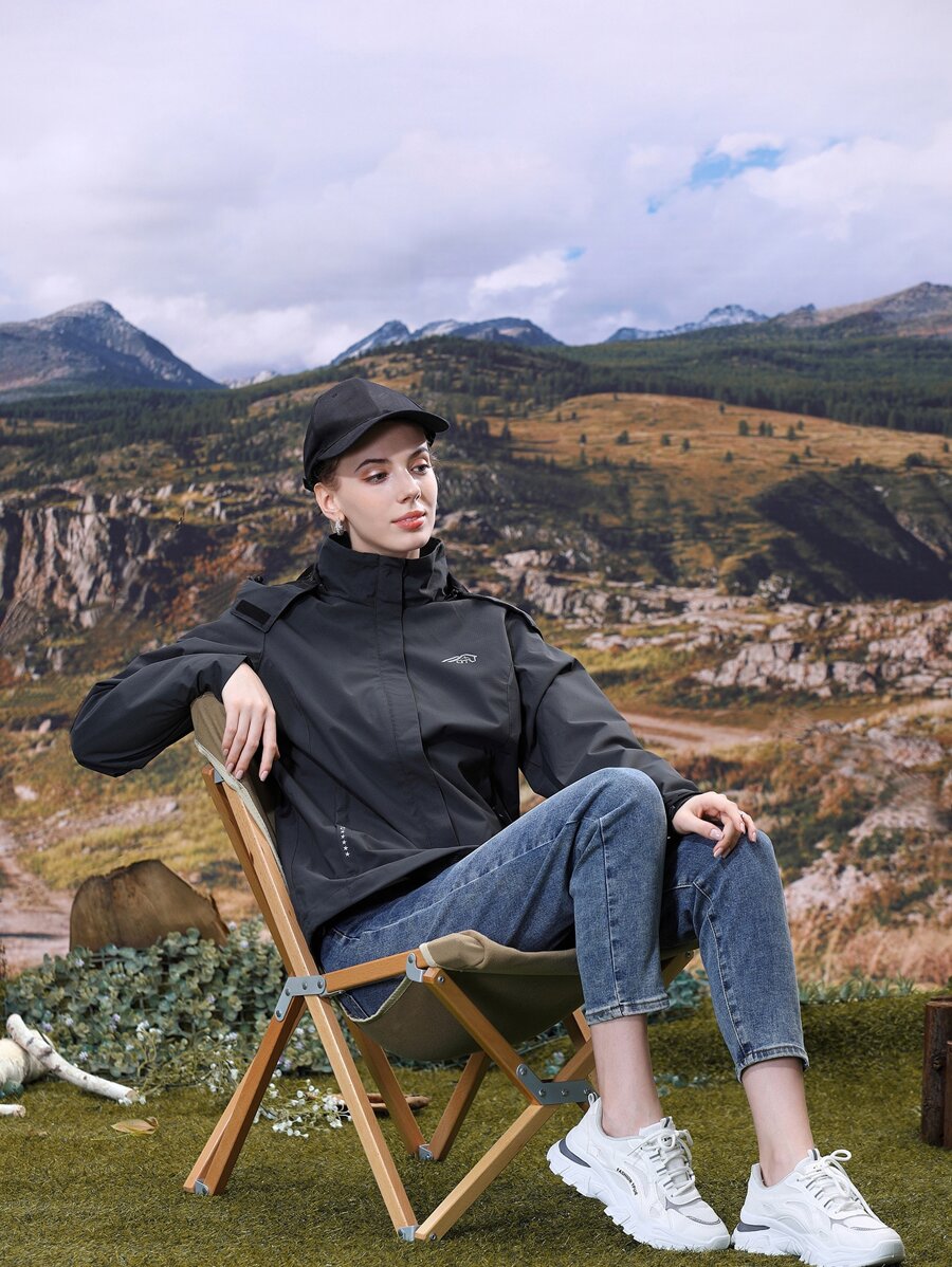 Graphic Print Zip Up Hooded Windbreaker Jacket - Black - View 1