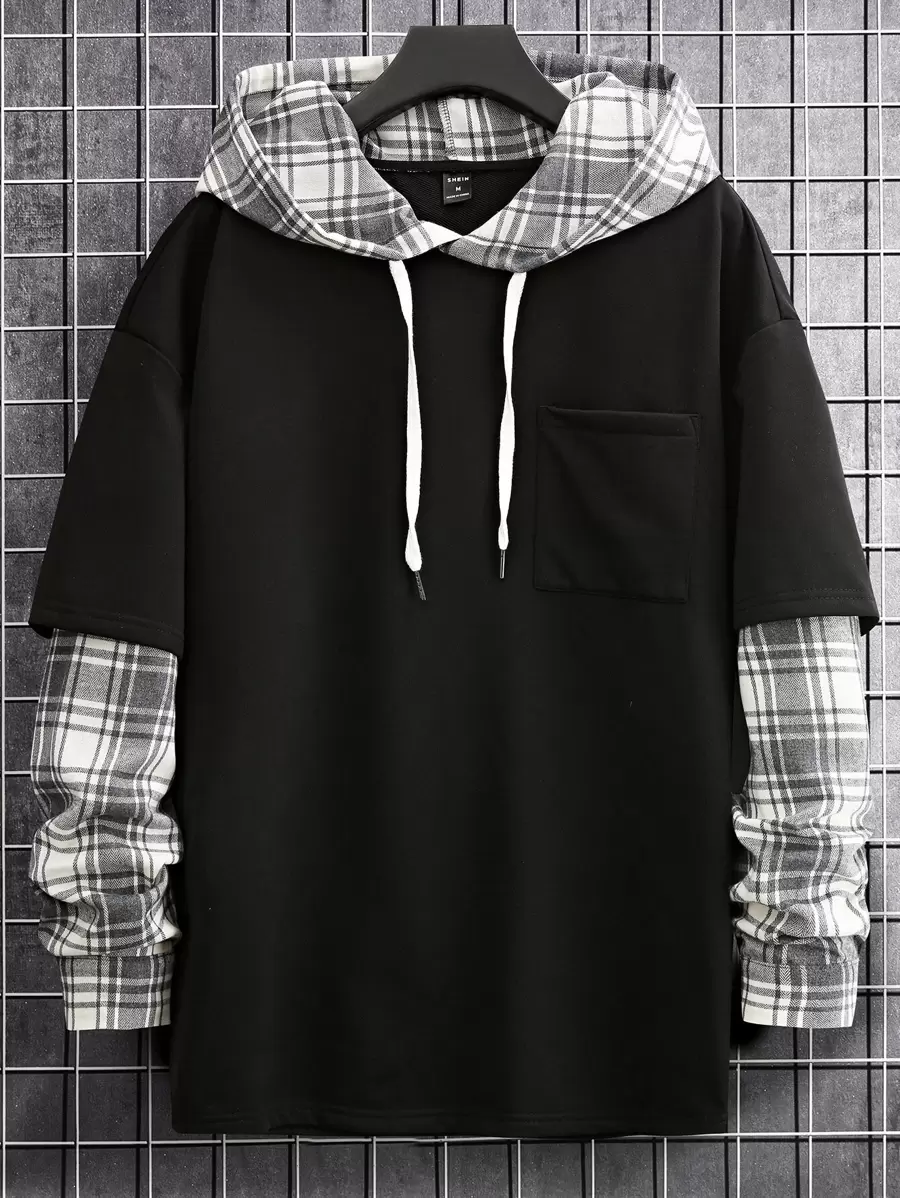 Manfinity Homme Loose Plaid Patched Pocket Drop Shoulder Drawstring 2 In 1 Hoodie For Men, Plaid Hoodies, Black Hoodies, Hooded Shirts For Men, Men Hoodies , Fall