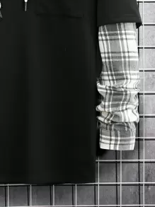 Manfinity Homme Loose Plaid Patched Pocket Drop Shoulder Drawstring 2 In 1 Hoodie For Men, Plaid Hoodies, Black Hoodies, Hooded Shirts For Men, Men Hoodies , Fall