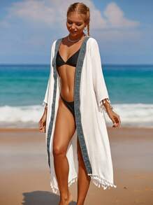 SHEIN Swim Tassel Decor Stitch Detail Open Front Kimono Without Bikini - White - View 1