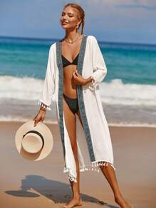 SHEIN Swim Tassel Decor Stitch Detail Open Front Kimono Without Bikini - White - View 4