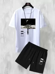 Manfinity Homme Men Letter & Picture Print Drop Shoulder Tee & Drawstring Waist Shorts