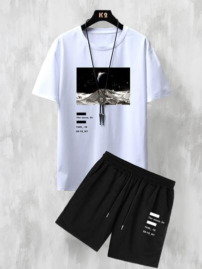 Guys Letter & Picture Print Drop Shoulder Tee & Drawstring Waist Shorts