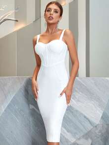 Elisanya Bustier-Kleid mit Reißverschluss hinten, Midi-Cami, Bodycon, Cocktail-Party, Bandage-Kleid, Weiß, elegantes Abschlussball-Kleid, halb formelles Hochzeitsgast-Kleid - Weiss - Übersicht 3