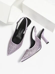 Tacones con diseño de diamante de imitación de punta con tacón de satén de talón abierto - Púrpura malva - Ver 1
