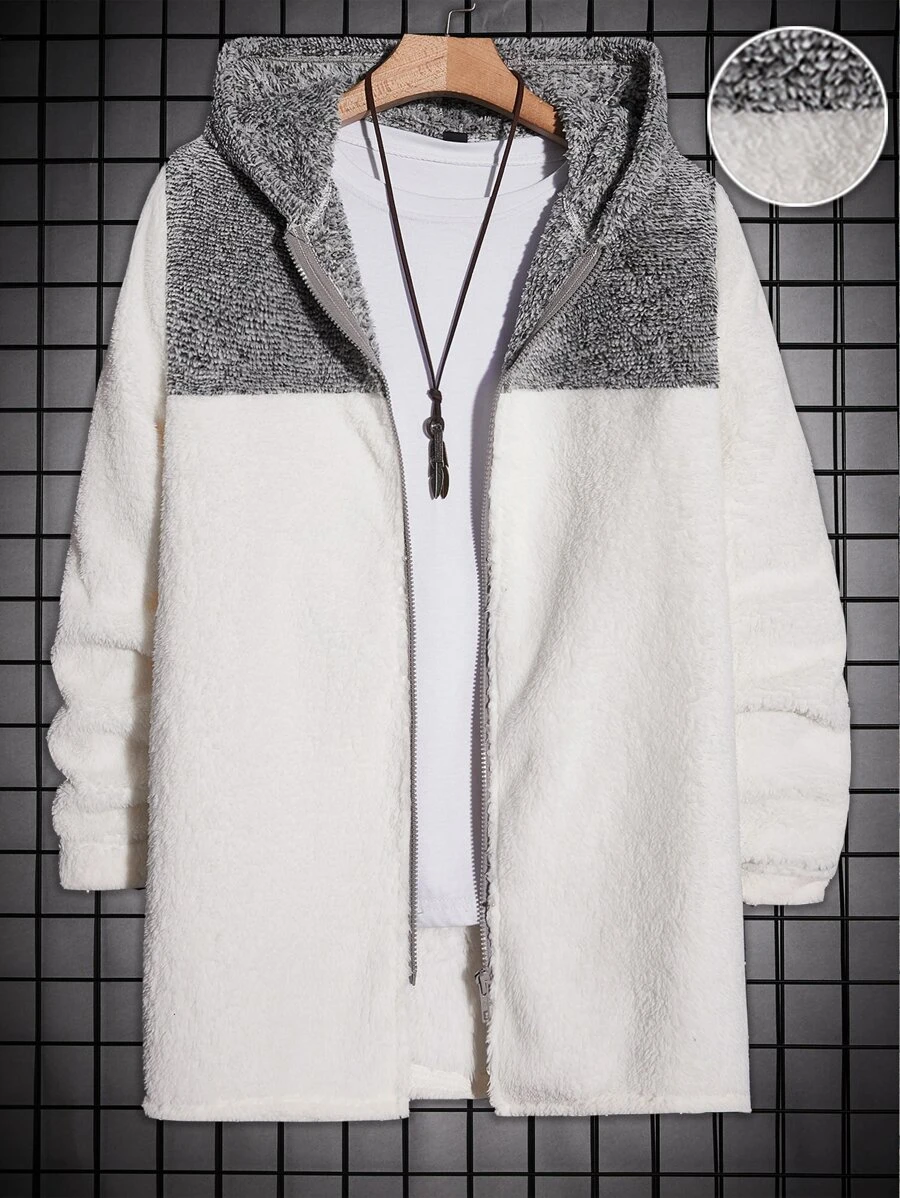 Manfinity VCAY Men Colourblock Hooded Teddy Coat Without Tee - White - View 1