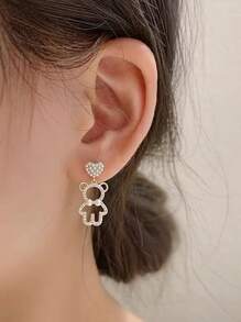 人造珍珠裝飾心和熊耳墜 - 金黃色 - 查看 1