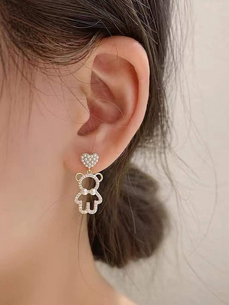 人造珍珠裝飾心和熊耳墜 - 金黃色 - 查看 1