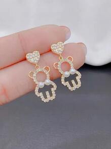 人造珍珠裝飾心和熊耳墜 - 金黃色 - 查看 2