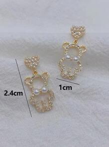 人造珍珠裝飾心和熊耳墜 - 金黃色 - 查看 3