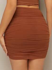 SHEIN SXY Ruched Mesh Bodycon Skirt - Rust Brown - View 2