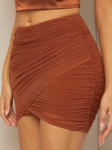 SHEIN SXY Ruched Mesh Bodycon Skirt - Rust Brown - View 3