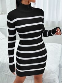 SHEIN Essnce 條紋圖案鏤空後扭結高領毛衣裙 - 黑色 - 查看 3