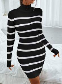 SHEIN Essnce 條紋圖案鏤空後扭結高領毛衣裙 - 黑色 - 查看 6
