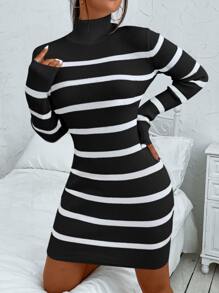 SHEIN Essnce 條紋圖案鏤空後扭結高領毛衣裙 - 黑色 - 查看 8