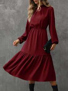 SHEIN Unity Mock Neck Ruffle Hem Dress - Burgundy - View 3