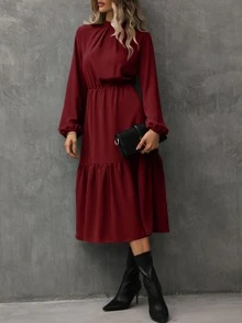 SHEIN Unity Mock Neck Ruffle Hem Dress - Burgundy - View 4