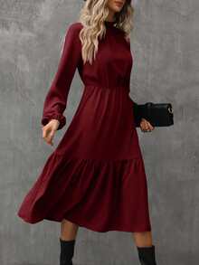SHEIN Unity Mock Neck Ruffle Hem Dress - Burgundy - View 5