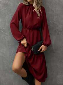 SHEIN Unity Mock Neck Ruffle Hem Dress - Burgundy - View 7